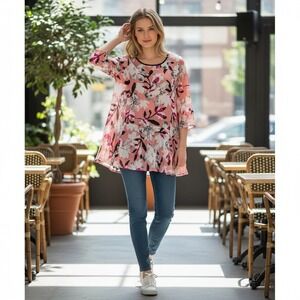 Alfani Womens 2X Floral Mesh Peplum Tunic Top  CottageCore Pink Black Botanical